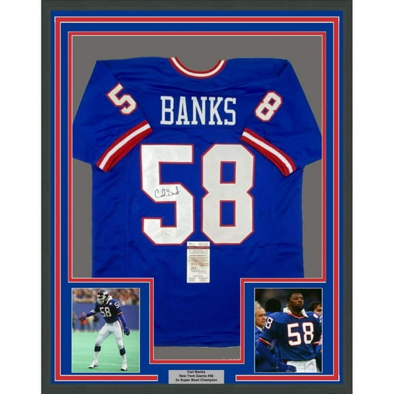Framed Autographed/Signed Carl Banks 35x39 New York Blue Football Jersey JSA COA