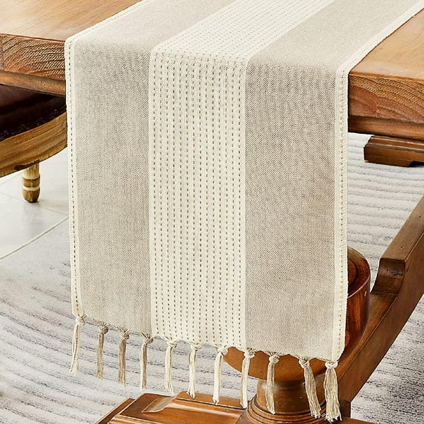 Linen Table Runner, Farmhouse Macrame Table Runners 90 Inches Long for Dining Table Decor