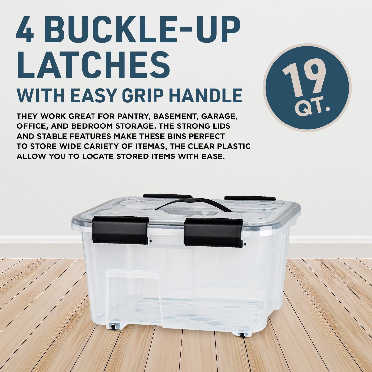 Stackable Storage Boxes - Clear Plastic, Black Seal, Modular Design 19 Quarts