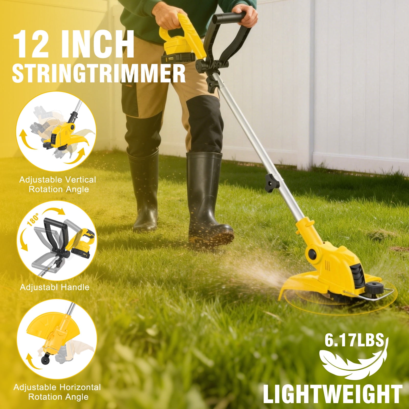 CATGOOD Cordless Weed Wacker, 12 Inch Electric String Trimmer with 10 lines and 2 Batteries, 3-in-1 Lawn Edger with Pivoting Head, Yellow