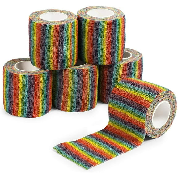 6 Rolls Self Adherent Bandage Wrap 2 Inch Wide x 5 Yards - Cohesive Vet Tape for First Aid, Sports, Tattoo (Rainbow Colors)