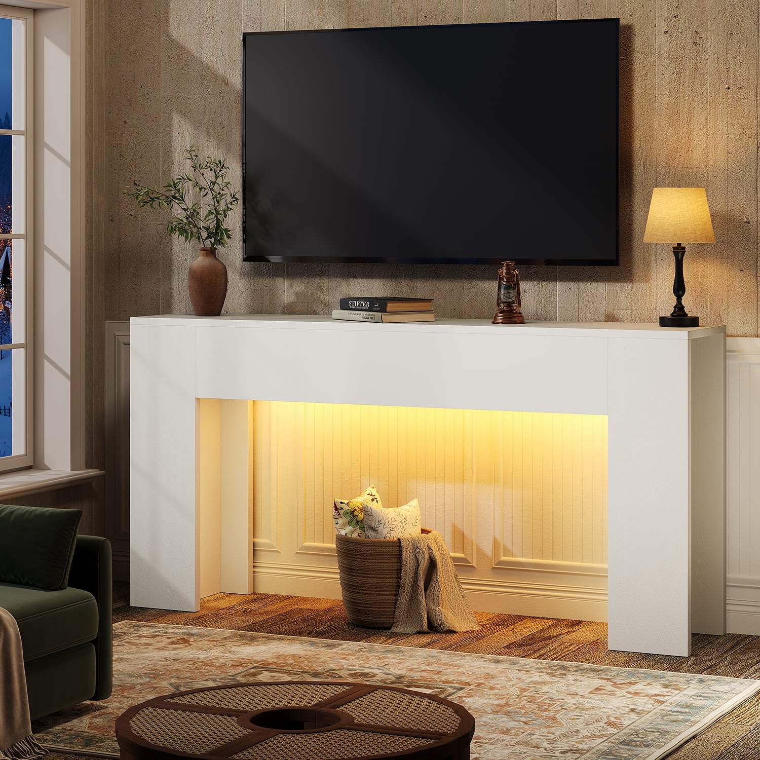 63-Inch Long Console Table with RGB LED Lights, Extra Wide and Thick Sofa Table Behind Couch, Farmhouse Entryway Table for Entrance, Hallway, Living Room, White