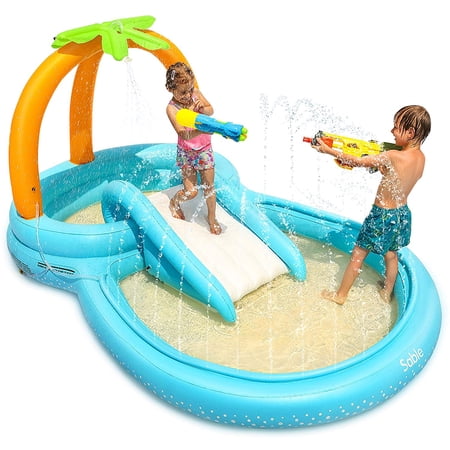 Sable Inflatable Wading Pool Play Center Outdoor Playsets with Slide for Kids, 110" x 71" x 53"