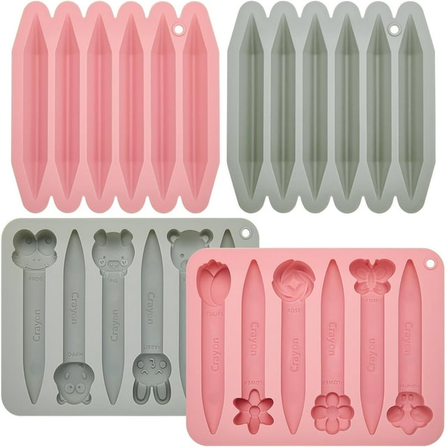 czcpp-4 Pack Assorted Crayon Molds Cavity 3D Crayon Silicone Mold Triangular Silicone Chocolate Making for DIY Wax Crayons Candle Melting Animal Flower Chocolate Pen Shapes, Pink Gray