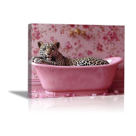 Mudket Leopard in Pink Bathtub with Floral Wallpaper Canvas Wall Art, Cute Bathroom Glam Wall Decor Pictures Waterproof Print for Bathroom Girls Bedroom Home Decor , Framed Ready to Hang - 12"L x 8"W