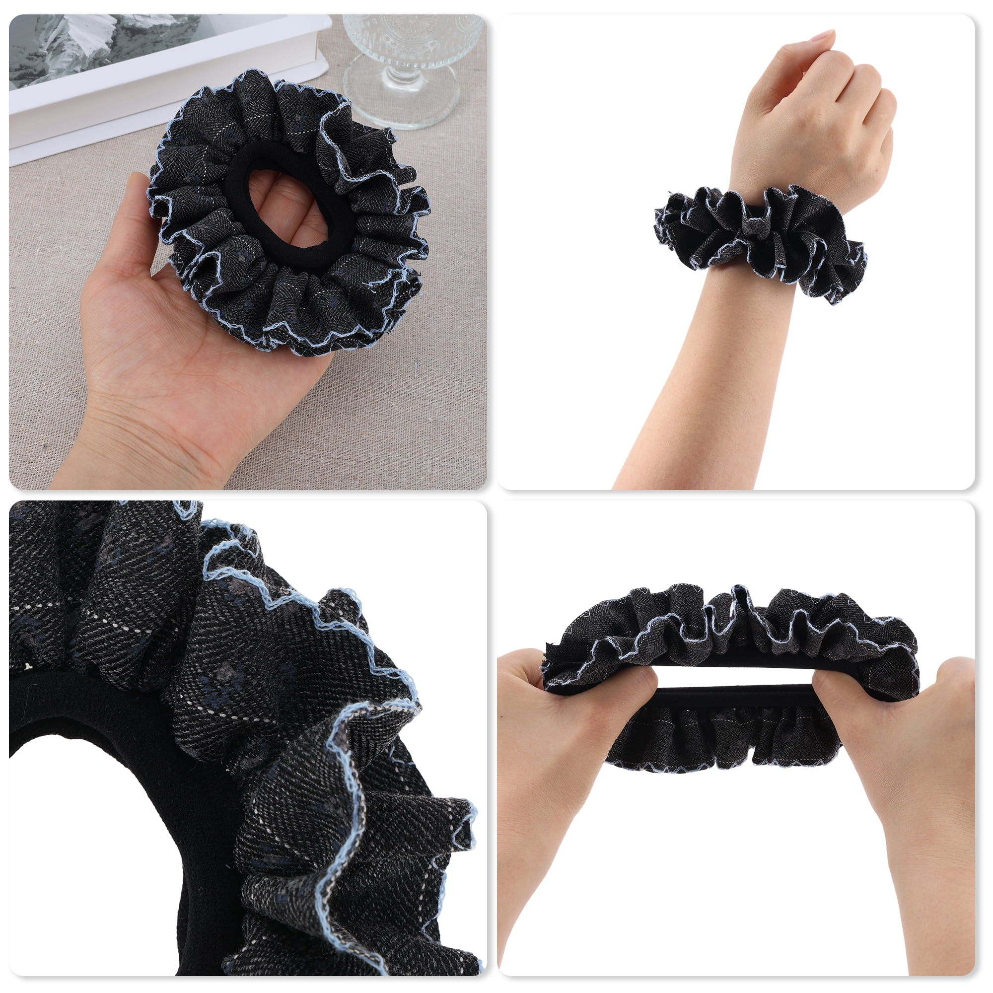 Unique Bargains Double Layer Fabric Denim Hair Ties Daily Use Black