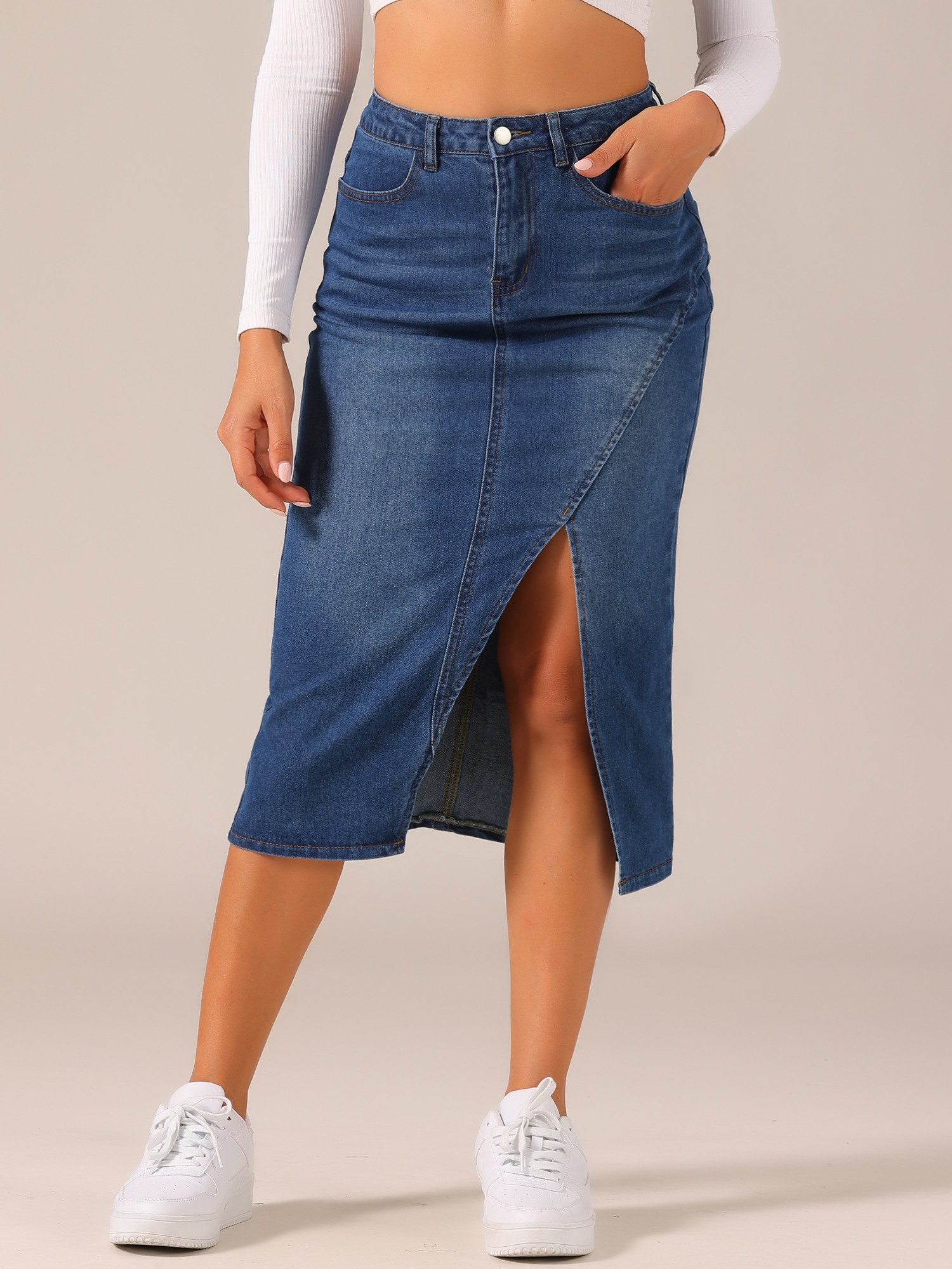 DARING DIVA Women's Denim Split Front Midi Jean Skirts L Dark Blue