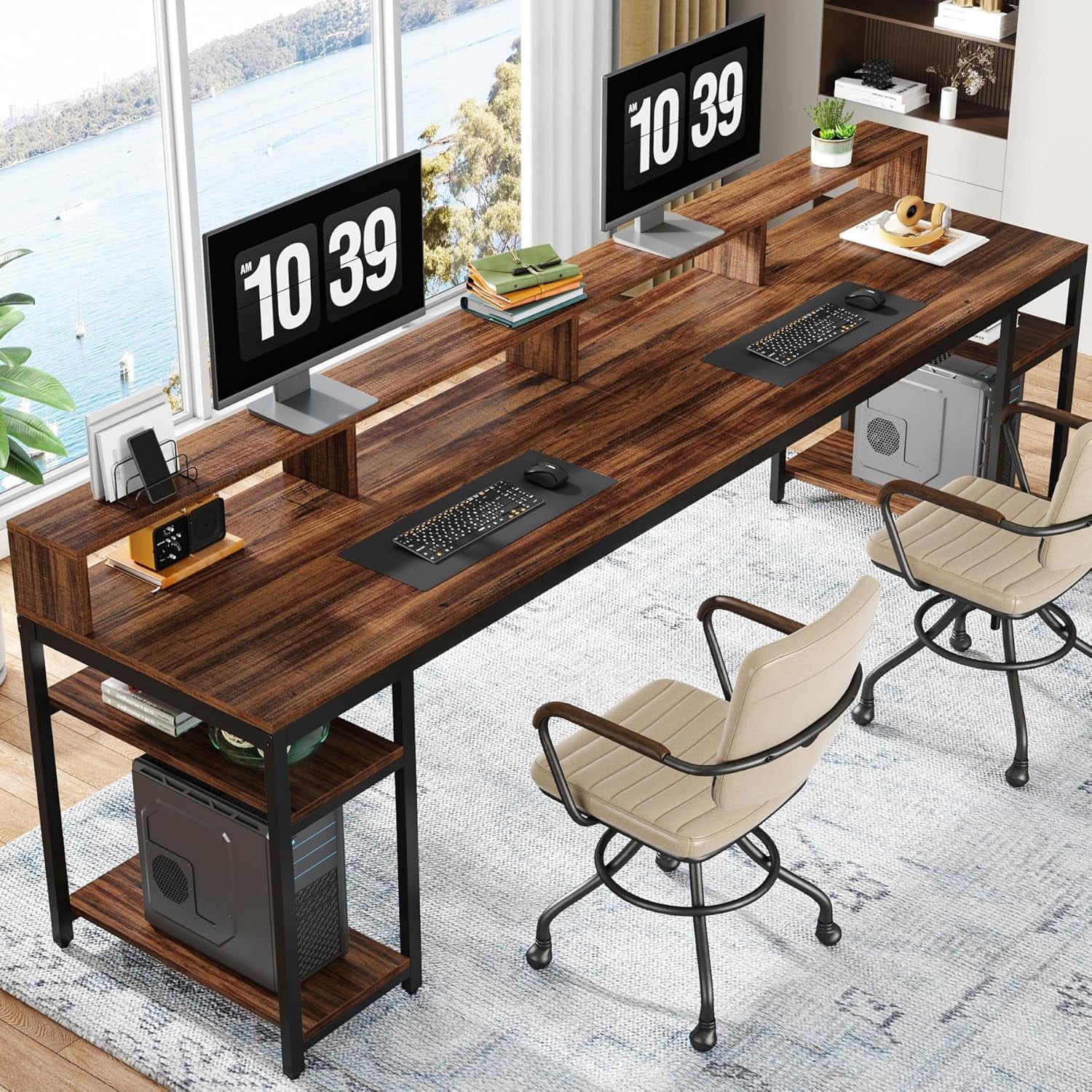 Finmind Two Person Desk with Monitor Stand, 78.74" Long Double Computer Office Desk with Storage Shelves, Large Study Writing Table Workstation for Home Office, Rustic Brown