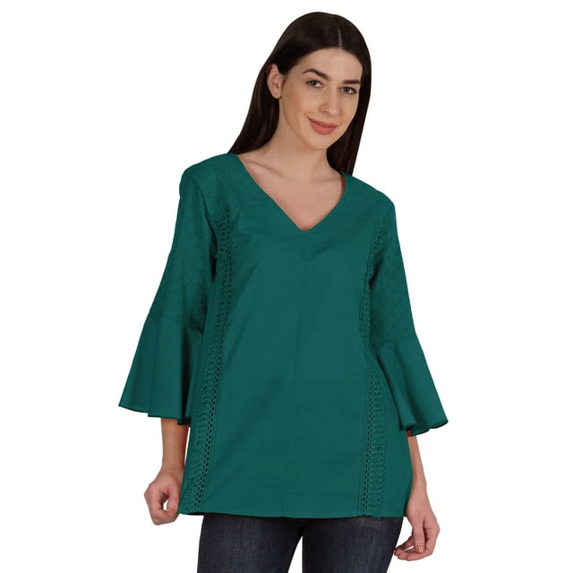 Moomaya Tunique en Coton à Manches Cloche pour Femmes Col en V Simple Top Schiffli d'Été