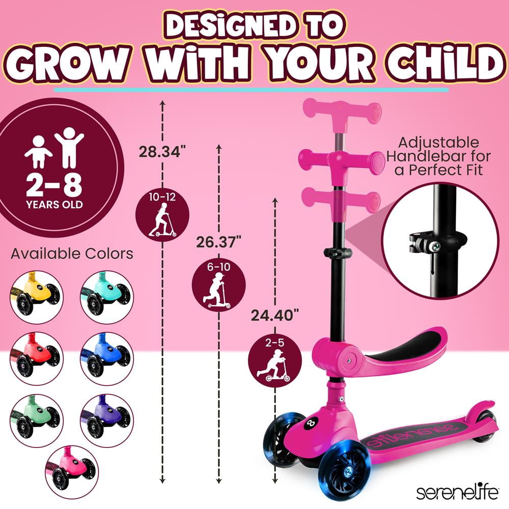 3-Wheel Foldable Kids Scooter - Child Toy Scooter with Built-in LED Wheel Lights, Foldable Seat, and Easy Maneuvering Lean-to-Steer Technology (Pink)