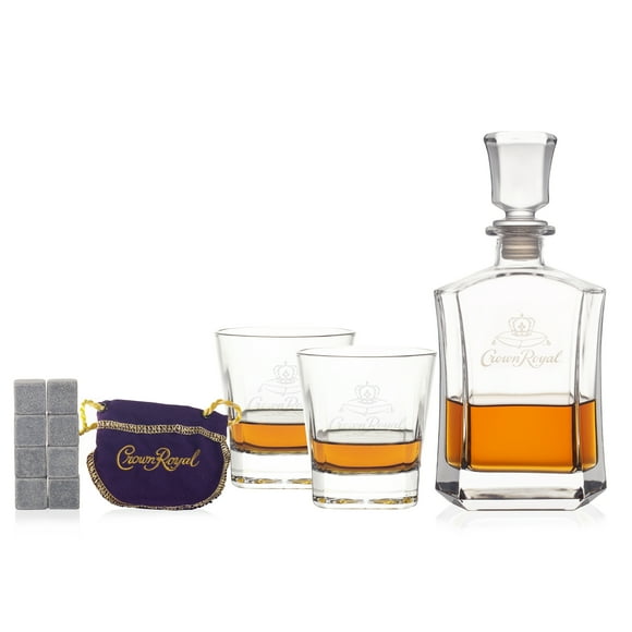 Crown Royal Whisky Decanter Set with 2 Drinking Glasses, 8 Whisky Stones, and 1 Velvet Bag