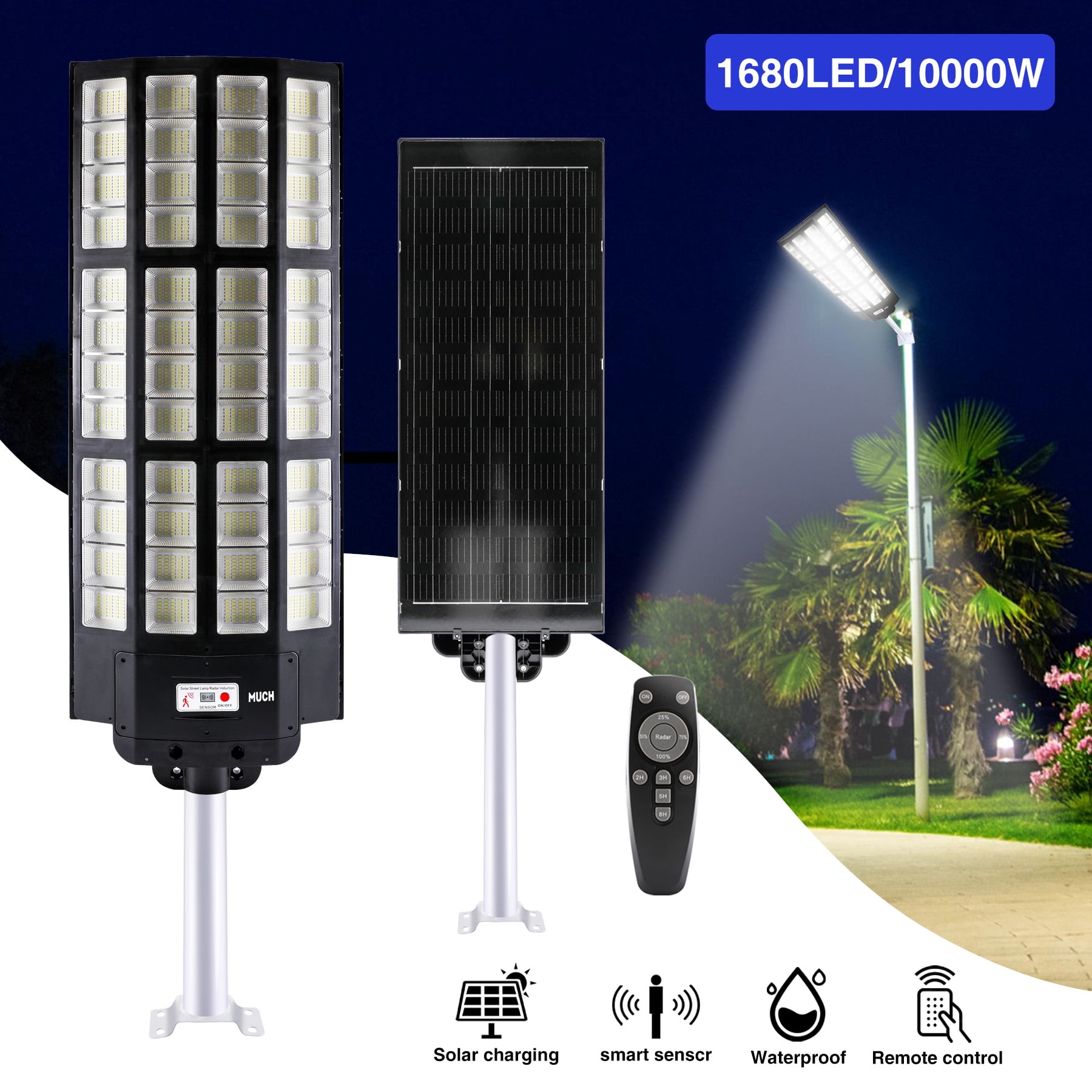 MUCH 10000W 1680 LED Solar Street Light - IP67 Dusk to Dawn with Motion Sensor & Remote, Commercial Grade Solar Flood Lights for Parking Lots & Outdoor Security Lighting