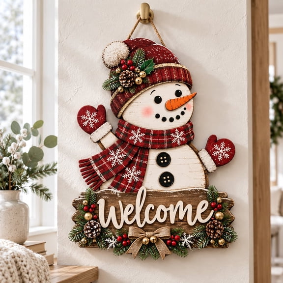 Snowman Door Sign, Rustic Winter Welcome Decor for Porch Christmas 2026