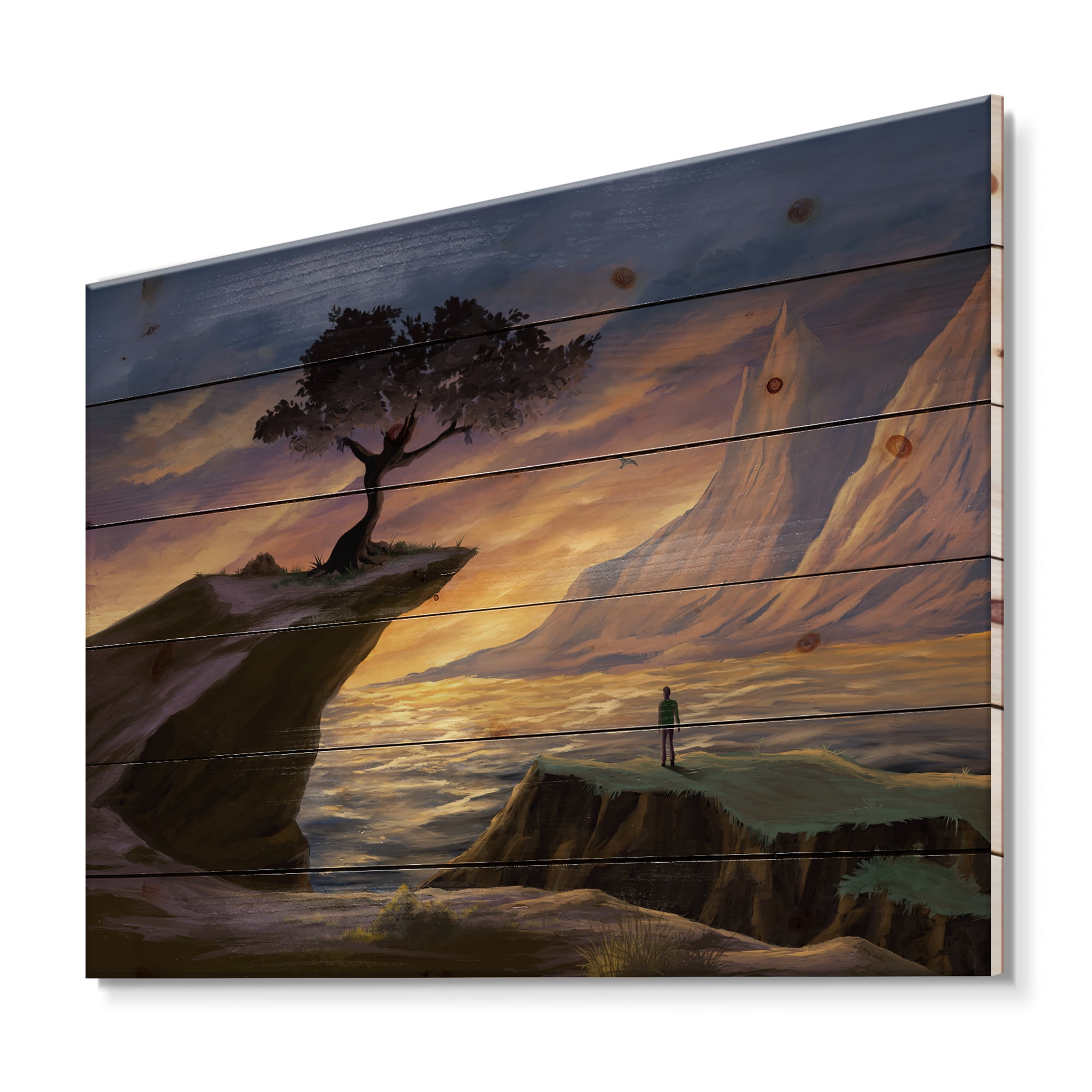 Designart 'Tree On A Sea Cliff At Evening Light' Lake House Print on Natural Pine Wood