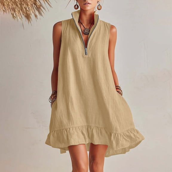 Women's Sleeveless Half Zip Casual Loose Mini Dress with Stand Collar and Ruffle Hem