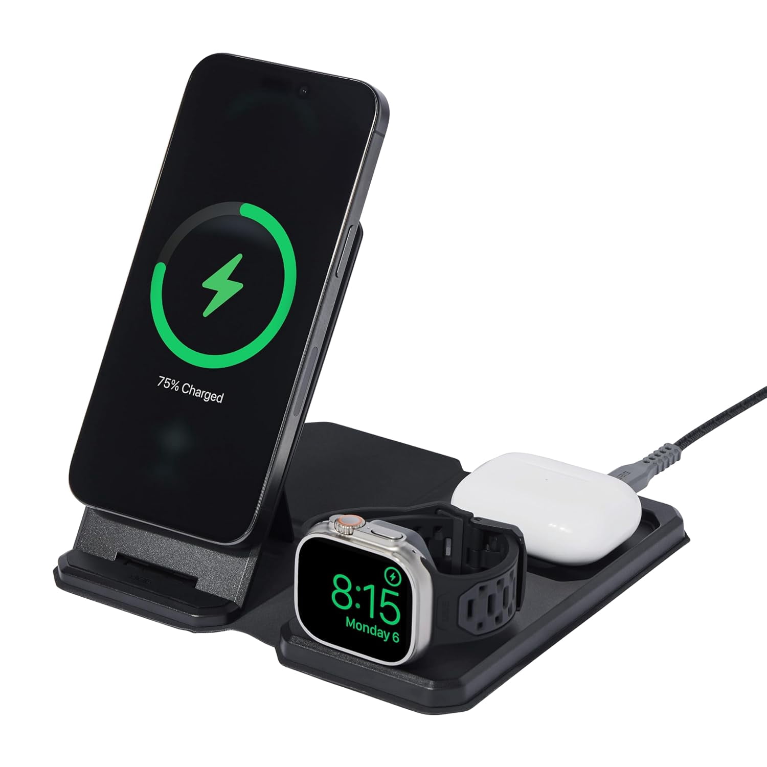 UAG 3-in-1 Travel Desktop Charger 15W Foldable Wireless Charging Station Compatible with MagSafe for iPhone 15, AirPods, Apple Watch, Black/Gray (25W USB-C PD Charger & Global Adapter Included)