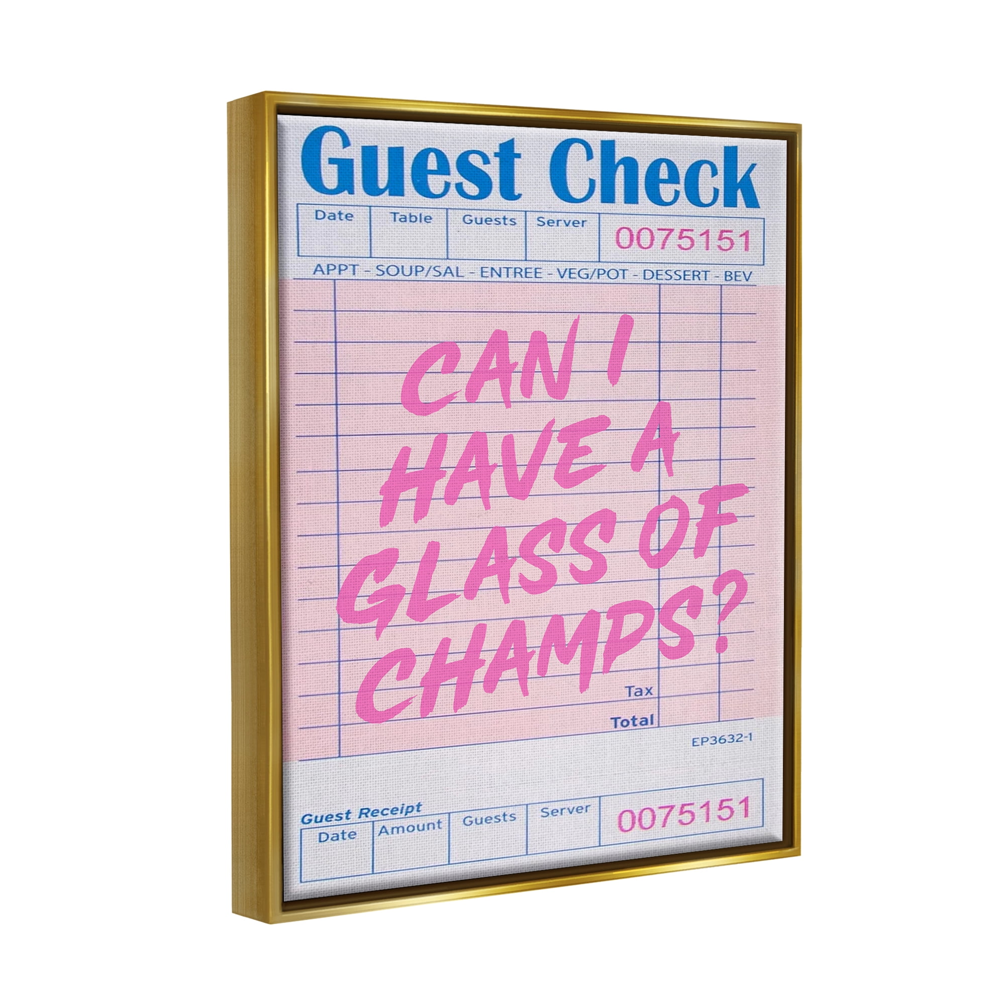 Stupell Industries Vintage Receipt Champagne Phrase Inspirational Painting Gold Floater Framed Canvas Art Print Wall Art, 17 x 21