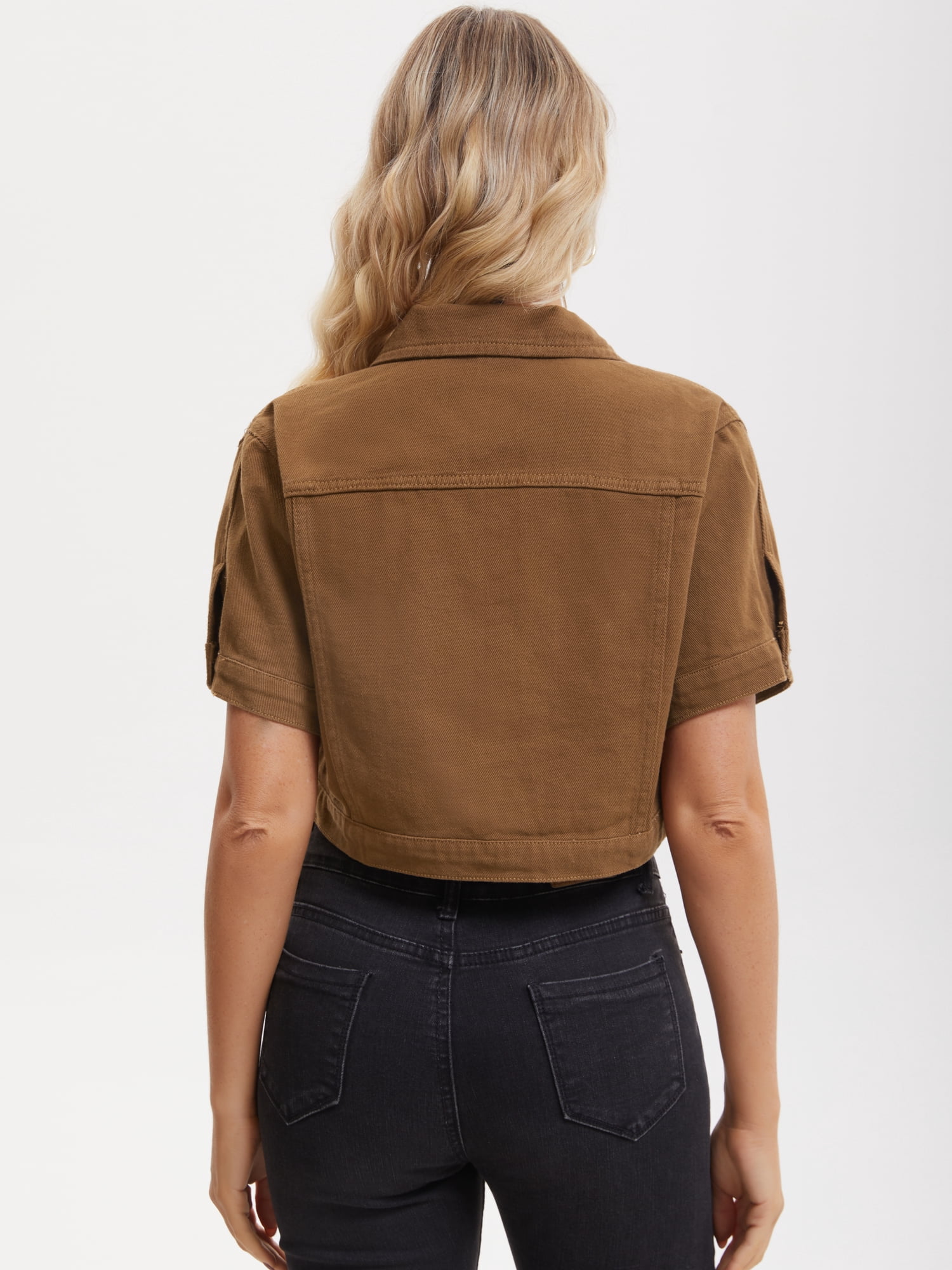 DARING DIVA Women's Short Sleeve Denim Rendy Casual Cropped Jean Jacket L Dark Brown