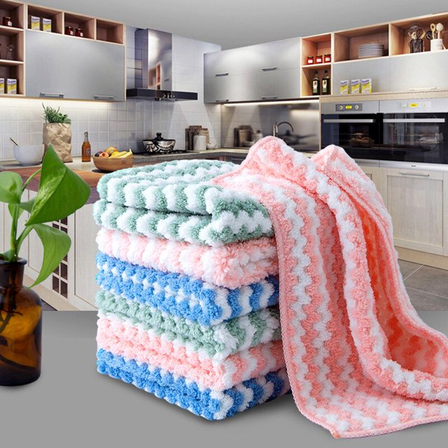 New Kitchen Stripe Dish Cloth Kitchen Rags Thicken Absorbent Housework Clean Towel Kitchen Cleaning SuppliesL-Pink5pcs He Qiyong unisex