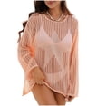 thumbnail image 2 of Summer Swimsuit Cover Up for Women Crew Neck Crochet See Through Long Sleeve Mid Length Tunic Top Womens Casual Solid Plus Size Round Neck Lightweight Breathable Vacation Beach Coverup, 2 of 9
