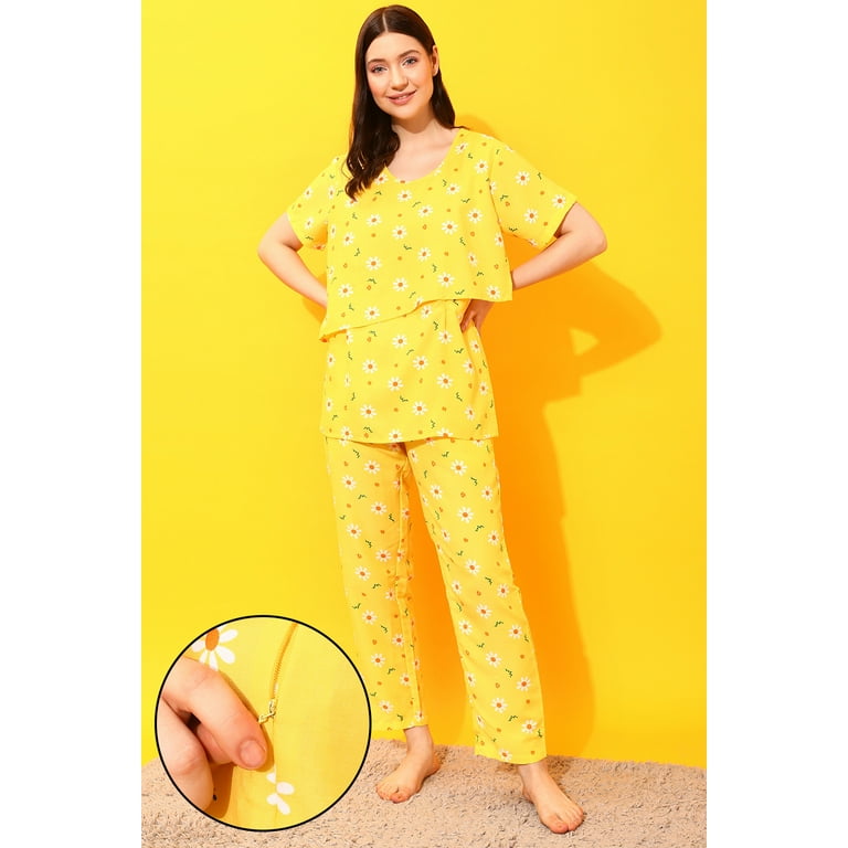 Pretty Florals Layered Feeding Top Pyjama Set in Yellow Rayon Walmart