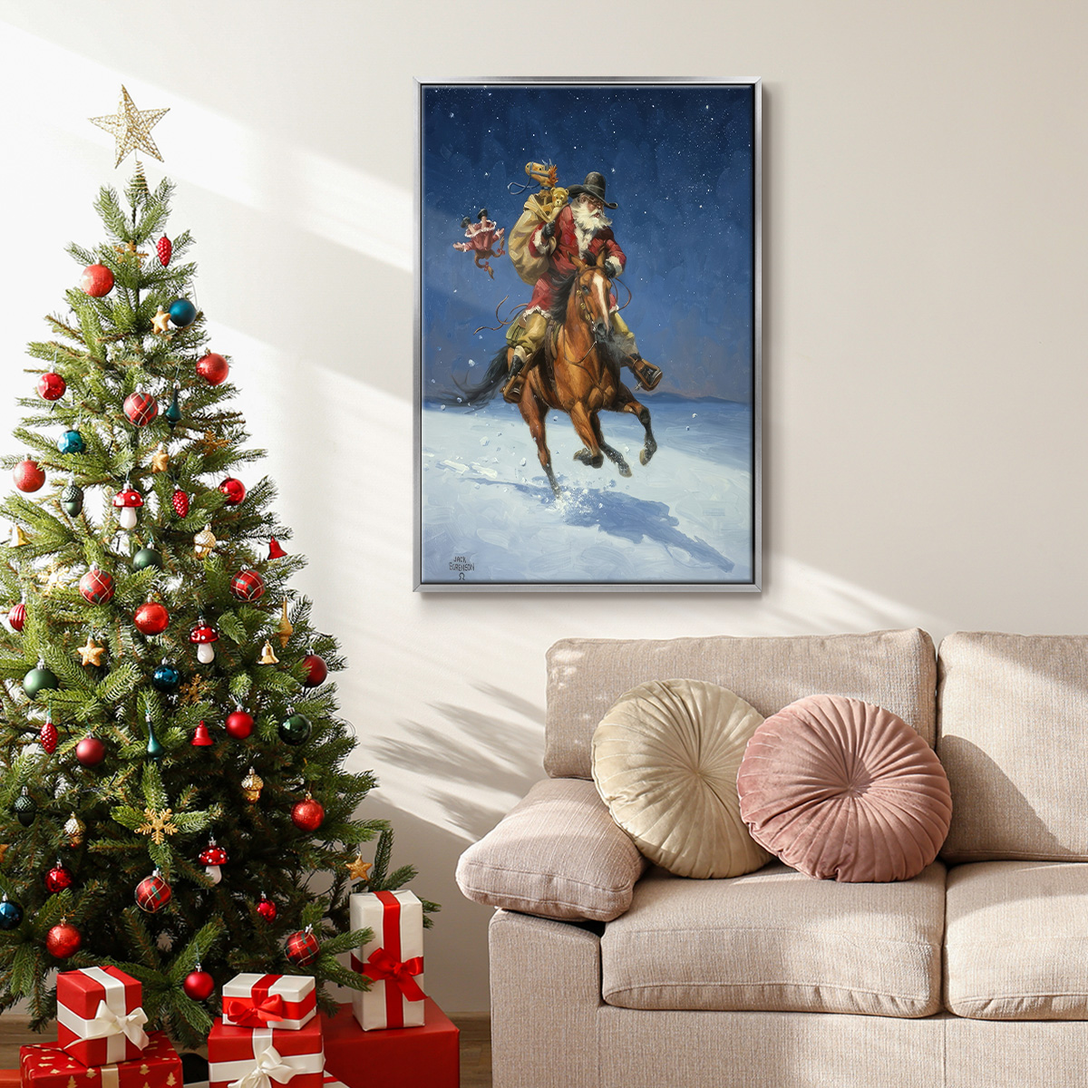 Midnight Rider - Framed Gallery Wrapped Holiday Canvas - 17 x 25 - Silver Frame