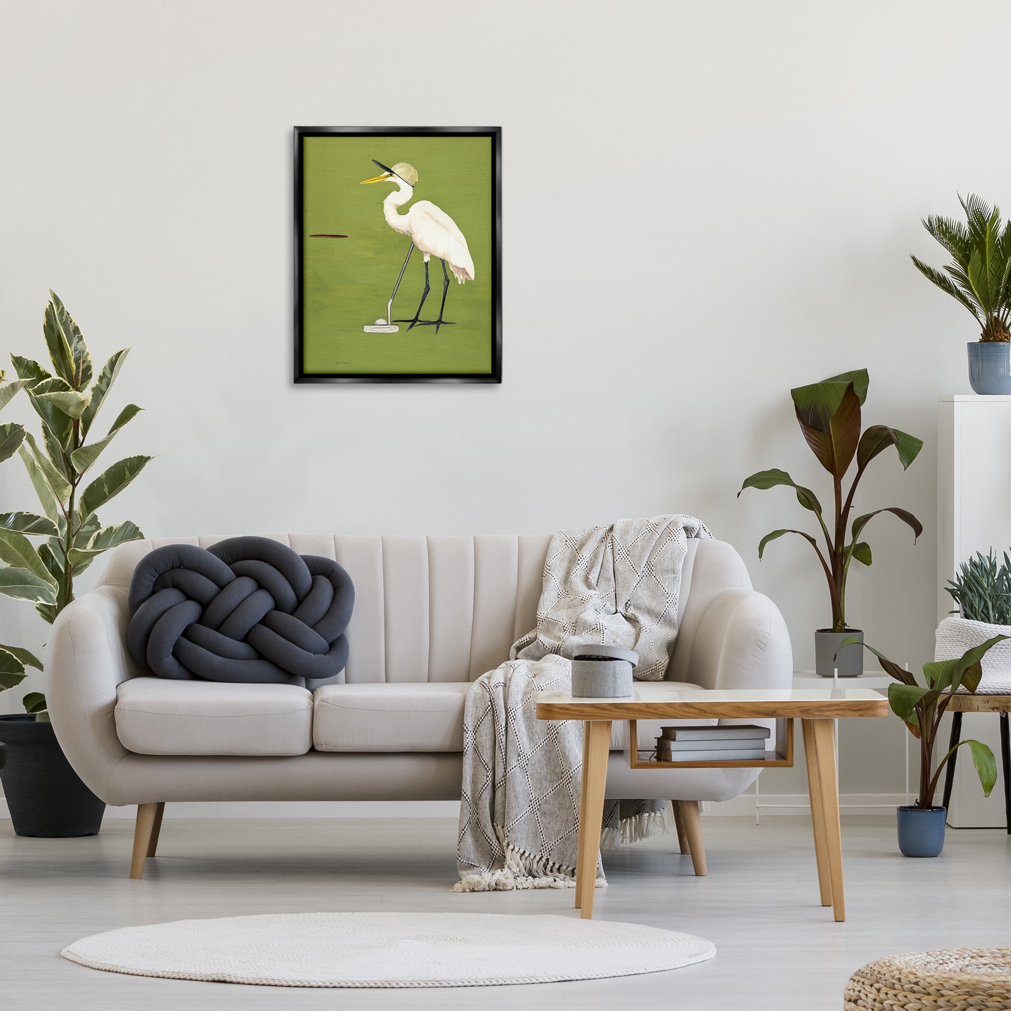 Stupell Industries Golfing Heron Bird Animals & Insects Painting Black Floater Framed Canvas Art Print Wall Art, 25 x 31