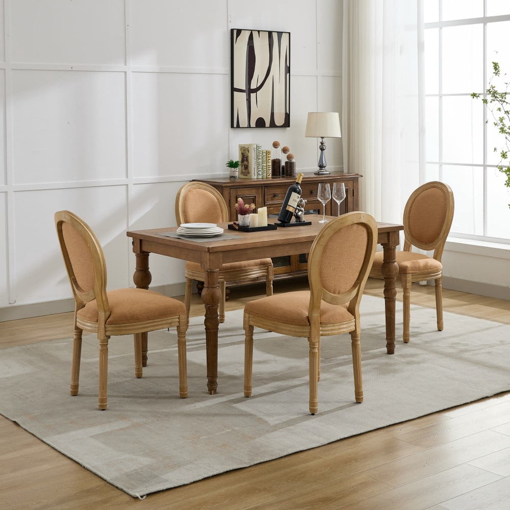 French Style Dining Chairs Set of 2, Solid Wood Upholstered Dining Room Chairs with Linen Fabric, Cushioned Backrest, Antique Finish, Tan