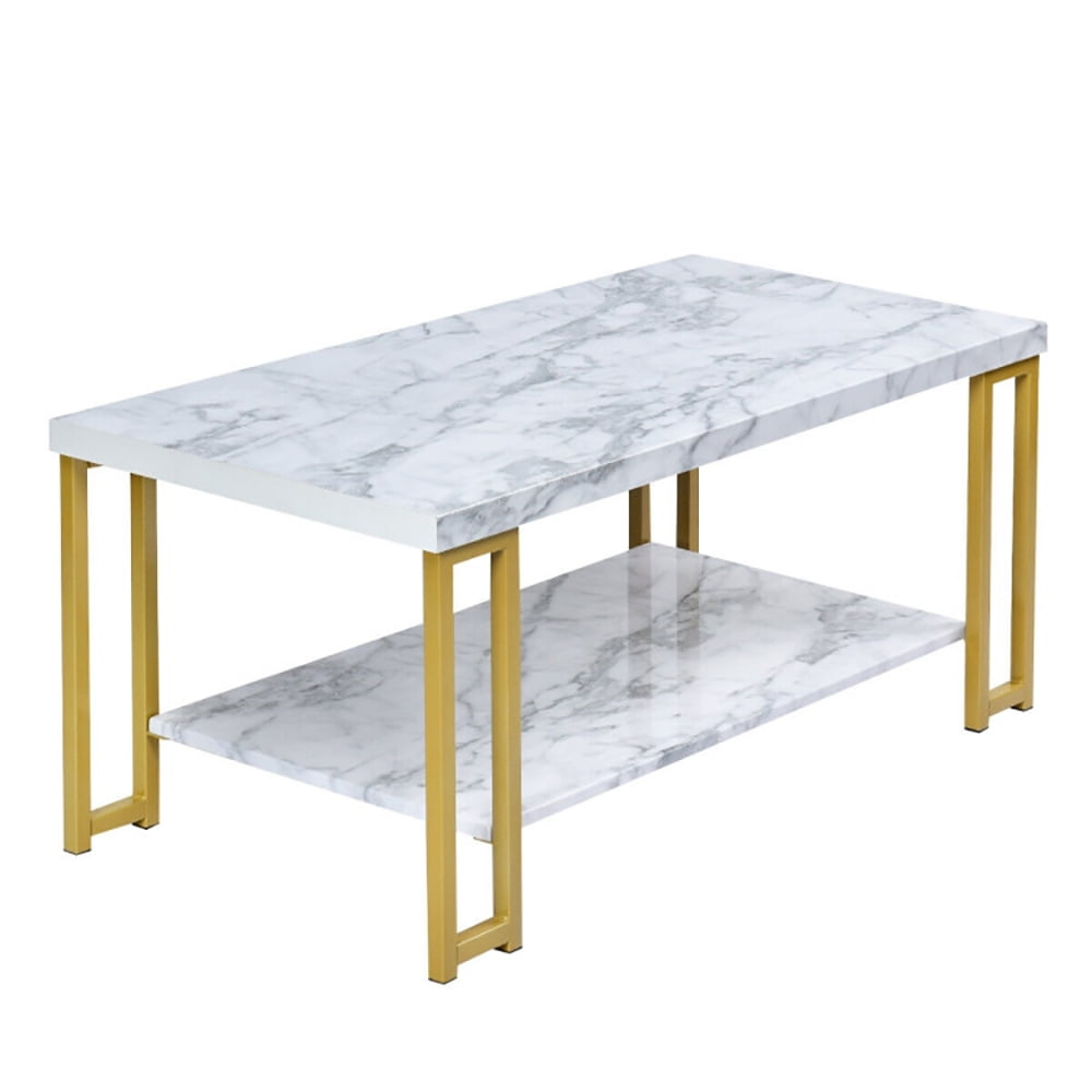 Finihen Wooden Coffee Table, Rectangular Coffee Table, 2-Tier Rectangular Modern Coffee Table with Gold Print Metal Frame, for Living Room, Reception Room, Office, White
