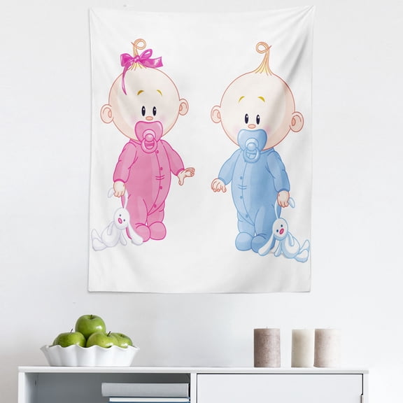 Pink and Blue Tapestry, Cheerful Boy and Girl with Bunny Pacifiers Twins, Fabric Wall Hanging Decor for Bedroom Living Room Dorm, 5 Sizes, Pale Blue and Pink Peach, by Ambesonne