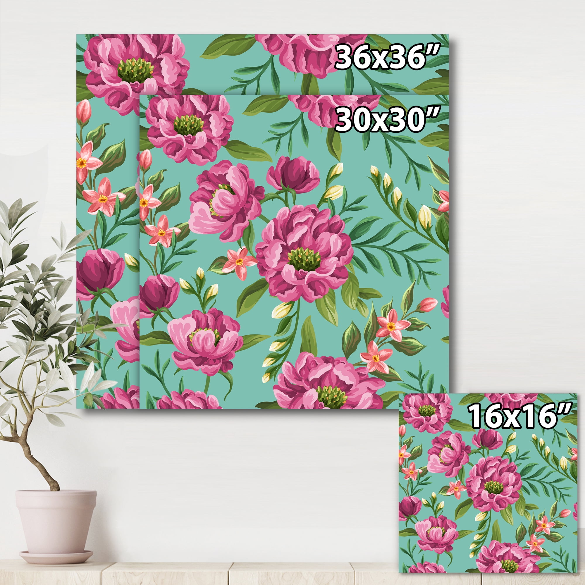 Designart ' Fuchia Pink Flowers On Green VIntage ' Traditional Canvas Wall Art Print