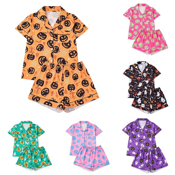 JAJAHO Halloween Kids Pajamas Girls Boys Ghost Pumpkin Pajama Short Sleeve Button Down 2 Piece Pjs 3-14Y