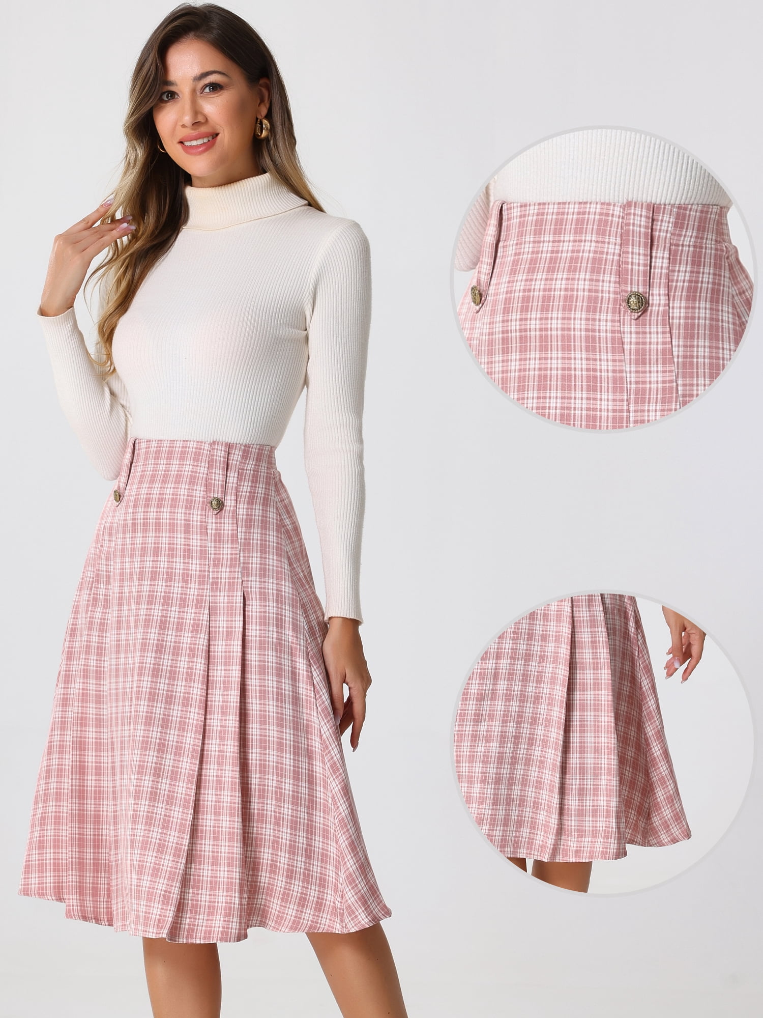 DARING DIVA Women's Vintage Plaid Pleated A-Line Midi Skirt M Pink