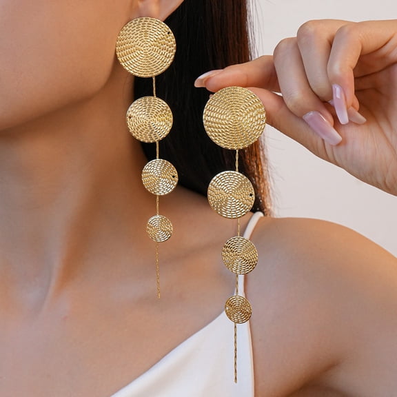 Fashion Textured Round Disc Long Dangle Earrings Cascading Tassel Statement Drop Ear Jewelry for Women