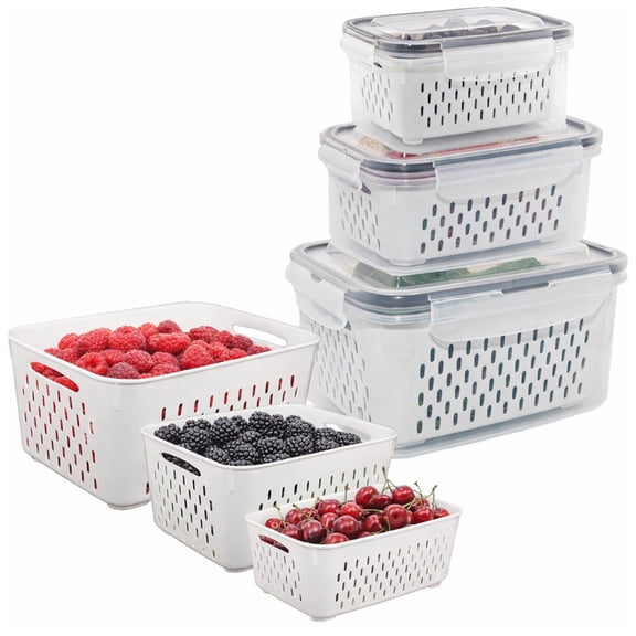 Ngardk Fruit Storage Containers for Fridge, Food Refrigerator Organizer, Produce Storage with Airtight Lid, 9.1"X6.8"/7.3"X5.5"/6.2"X4.3", Pack of 3, Clear