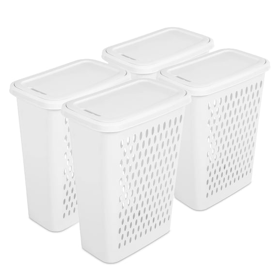 Sterilite Slim Laundry Hamper, 1.75 Bushel Clothes Basket with Hinged Lid, White, 4 Pack