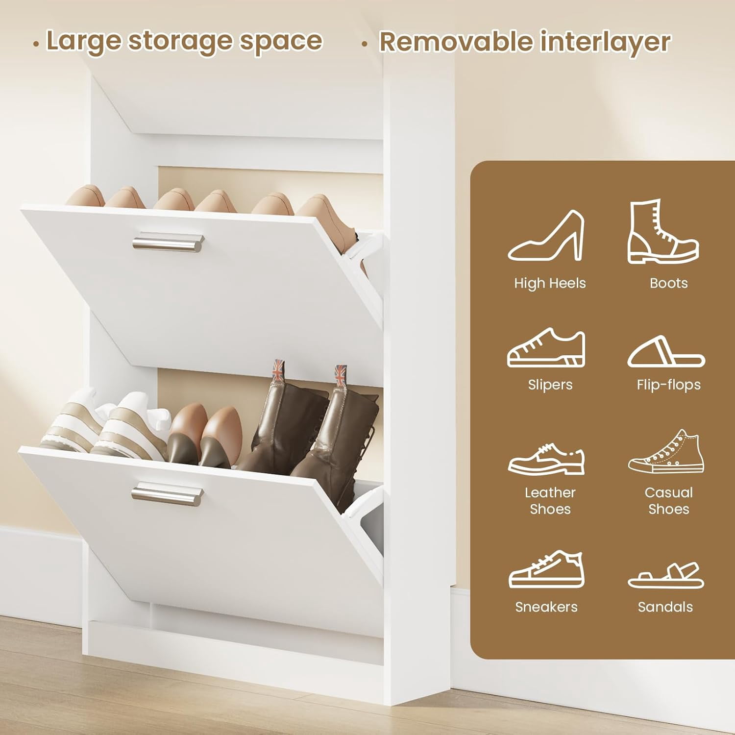 Shoe Cabinet Organizer with 3 Flip Drawers，Freestanding Shoe Rack Cabinet，Narrow Shoe Cabinet Storage for entryway，Foyer, Hallway, White, 23.6" W × 6.3" D × 47.2" H