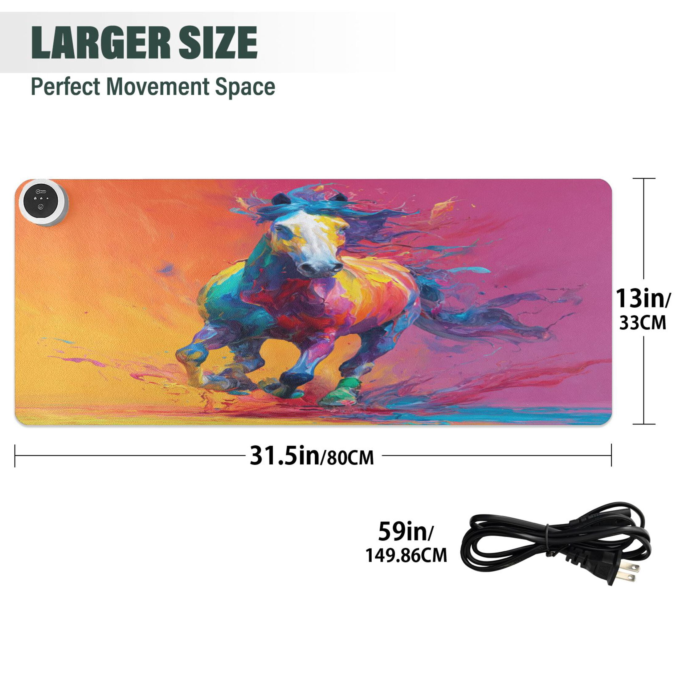 Large Heated Desk Mat Mouse Pad 31.5"x13"PU Leather Graphene Heating Desk Warmer with 3 Temperature Settings 110V US Plug Non-Slip Warm Pad for Home, Office, and Gaming Dynamic Paint Drip Horse