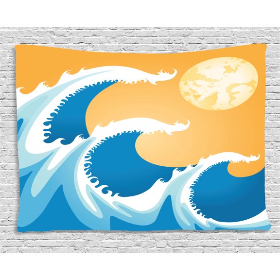 Japanese Tapestry, Huge Sea Waves at Summer Noon Art Picture Tropical Ocean Storm Tide, Wall Hanging for Bedroom Living Room Dorm Decor, 60W X 40L Inches, Blue Marigold and White, by Ambesonne