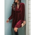 thumbnail image 6 of Women Elegant Retro Short Loose V-Neck Long Sleeve Velvet Solid Color Dress Fall Winter Fashion Clothing Wine Red S, 6 of 9