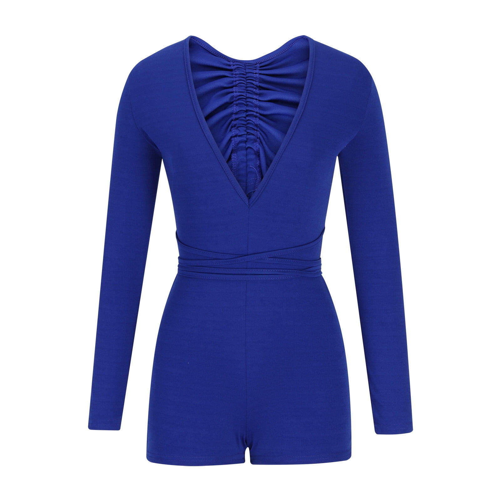 Besolor Women Long Sleeve Tight Romper Shorts Deep V Neck One