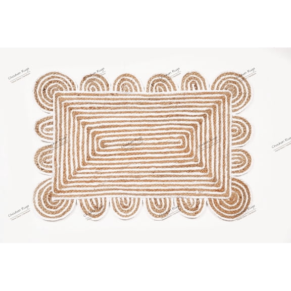 Rectangle Rug Natural Jute Rug Hand Braided Beige and White Color Rounding Line Area Rug