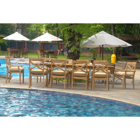 Teak Dining Set:10 Seater 11 Pc - Large 117" Mas Trestle Leg Oval Table And 10 Granada Stacking Arm Chairs Outdoor Patio Grade-A Teak Wood WholesaleTeak #WMDSGR6