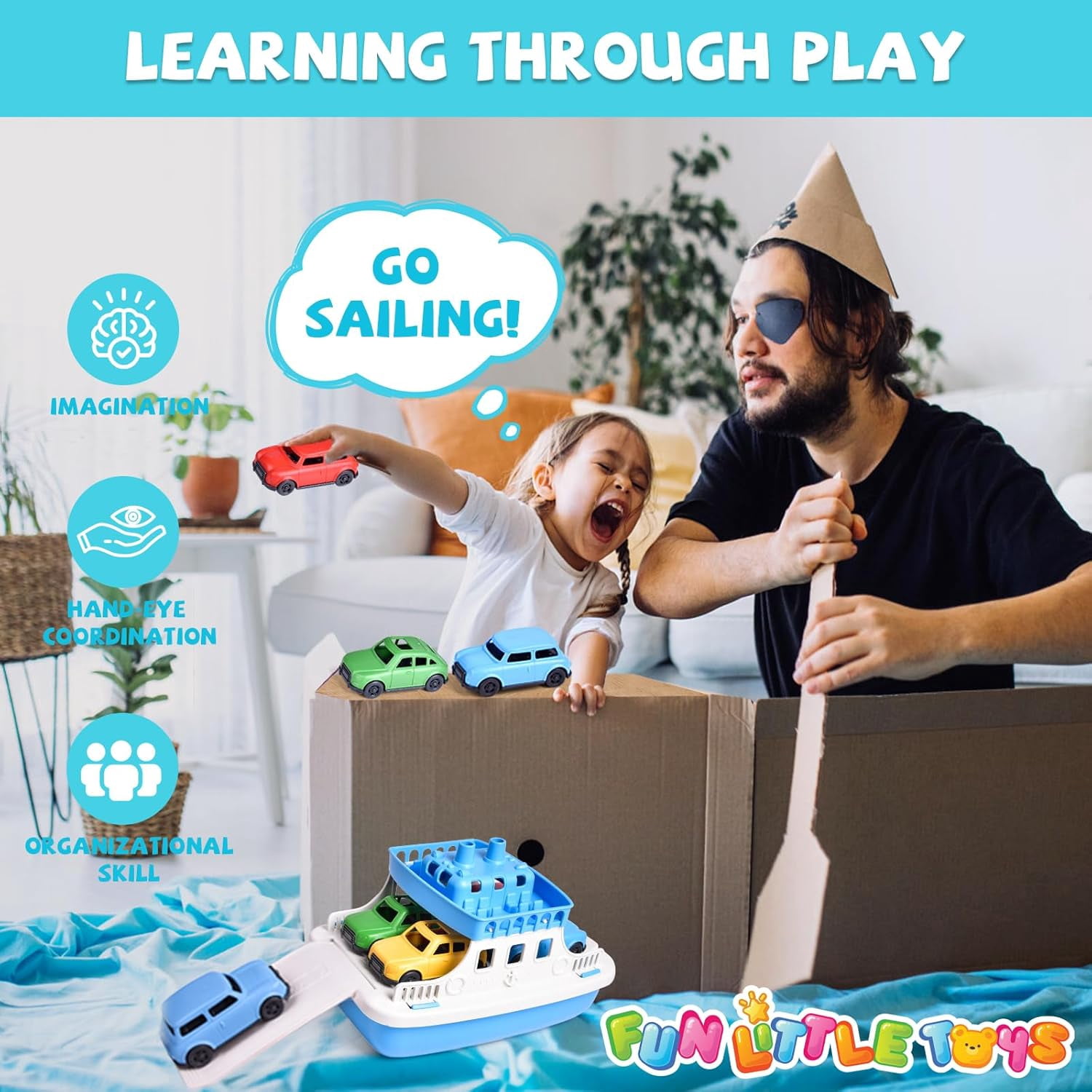 9 Pcs Toy Boat Bath Toys for Toddlers with 4 Mini Car Toys and 4 Bath Boat Squirters,Pool Beach Toys Floating Ferry Boat,Birthday Gift for Boys Girls 1-4