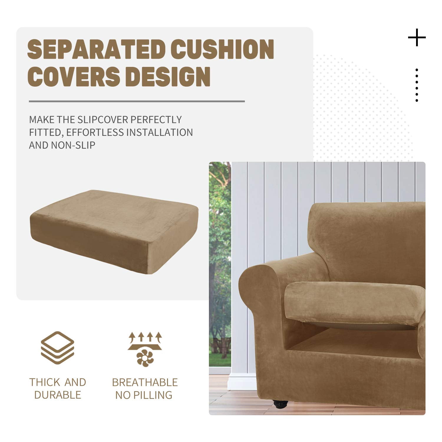 JIATER 2-Piece Armchair Sofa Cover Stretch Couch Cover Velvet Sofa Slipcover Furniture Protector with 1 Cushion Cover,Camel