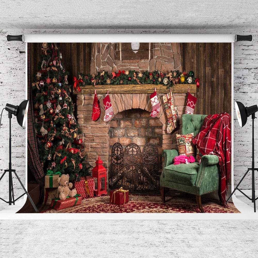 GreenDecor Polyester Fabric 7x5ft Christmas Photography Backdrop Retro Brick Wall Background Xmas Tree and Vintage Sofa for Party Photo Studio Backdrops