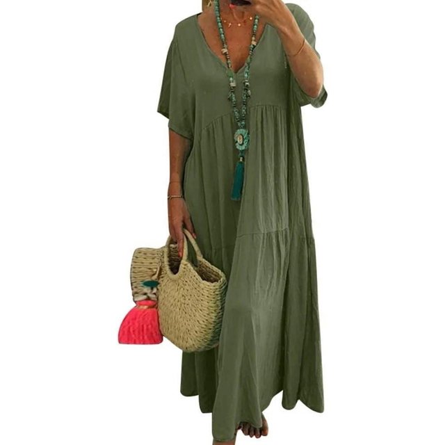 CHOK Robe Maxi en Lin Ample et Décontractée pour Femmes, Col en V, Manches Courtes, Coupe Grand et Fluide, Longue