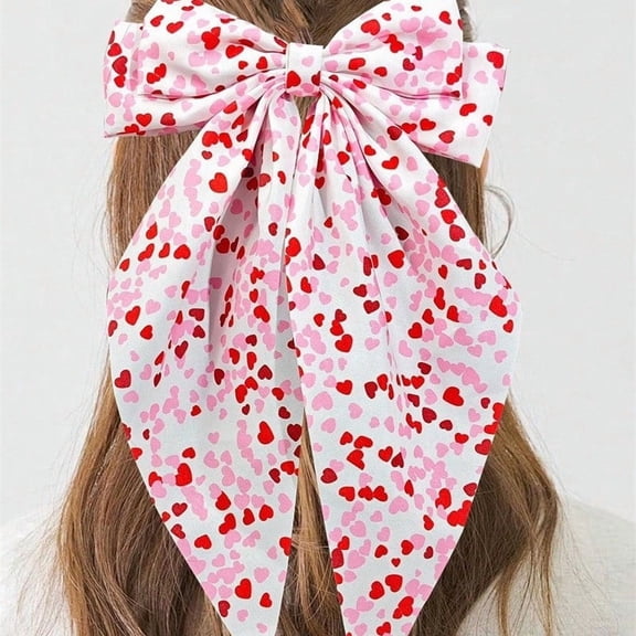 Mineart Valentine's Day Bow Ribbon Spring Hair Barrettes, Heart Red Lip Print Design, Lightweight Secure Clip for Back Head Styling Romantic Holiday Accessory