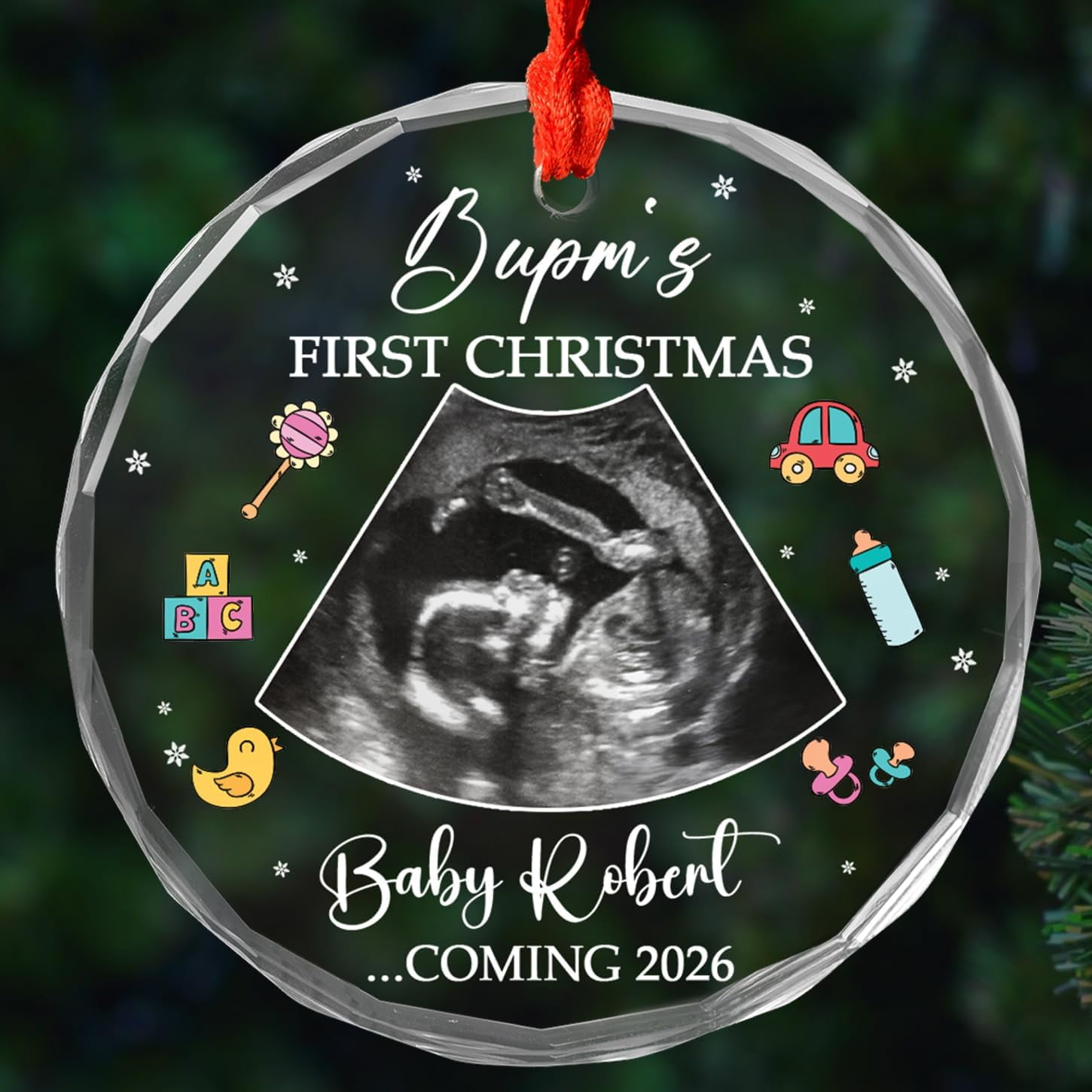 Bump 1st Xmas Glass Ornament Gift for Pregnancy Announcement, Picture Sonogram Bump's First Christmas Glass Ornament 2025, Name/Due & Photo Baby Sonogram Xmas Ornaments