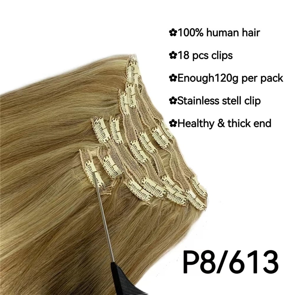 Clip in Hair Extensions for Women, P8/613# Highlight Blonde Real Human Hair Extensions 8-26inch 120g Straight Seamless Clip in Extensions Remy Hair